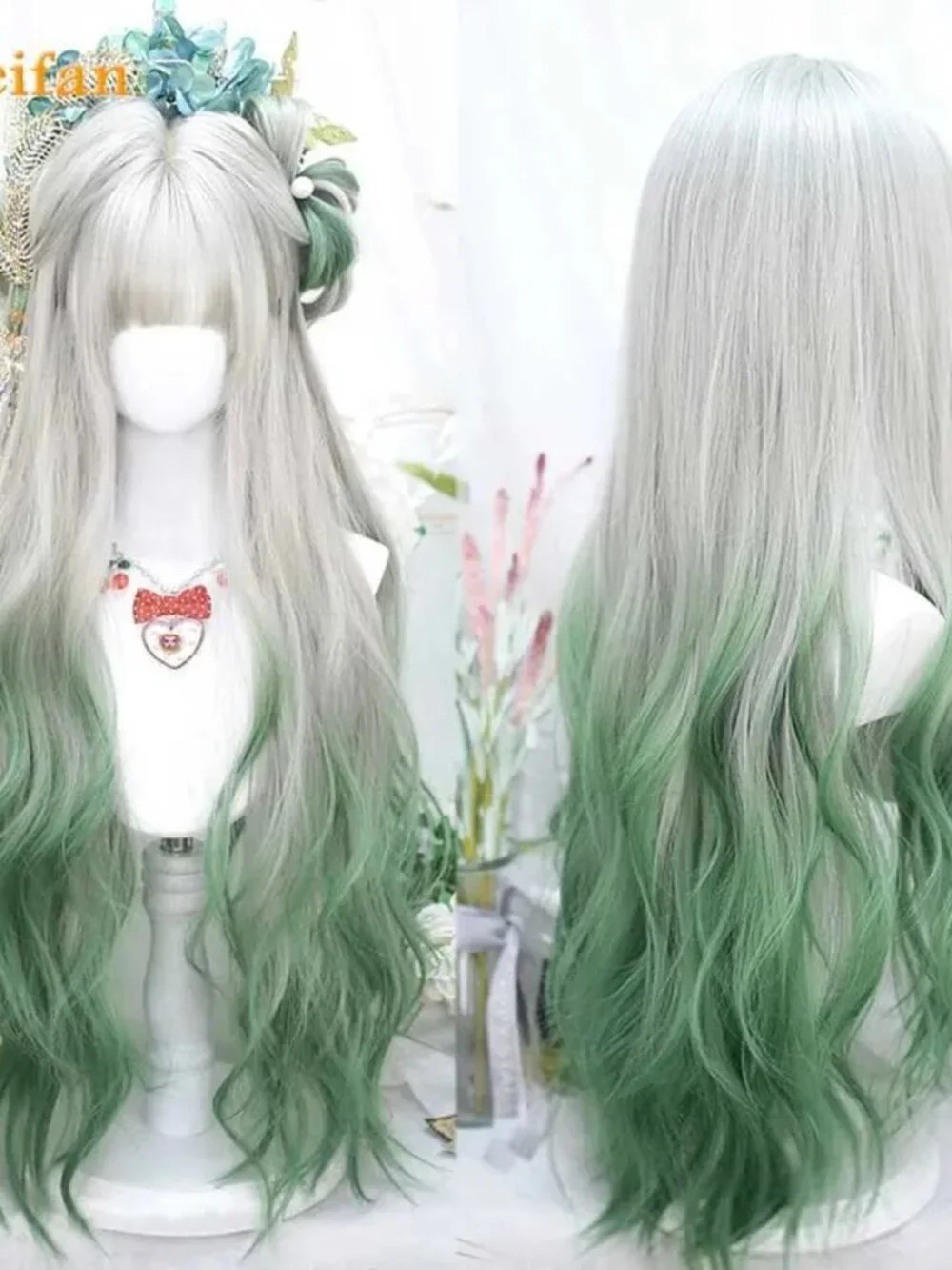 Long Layered Wig White Blond Gradient Pastel Green